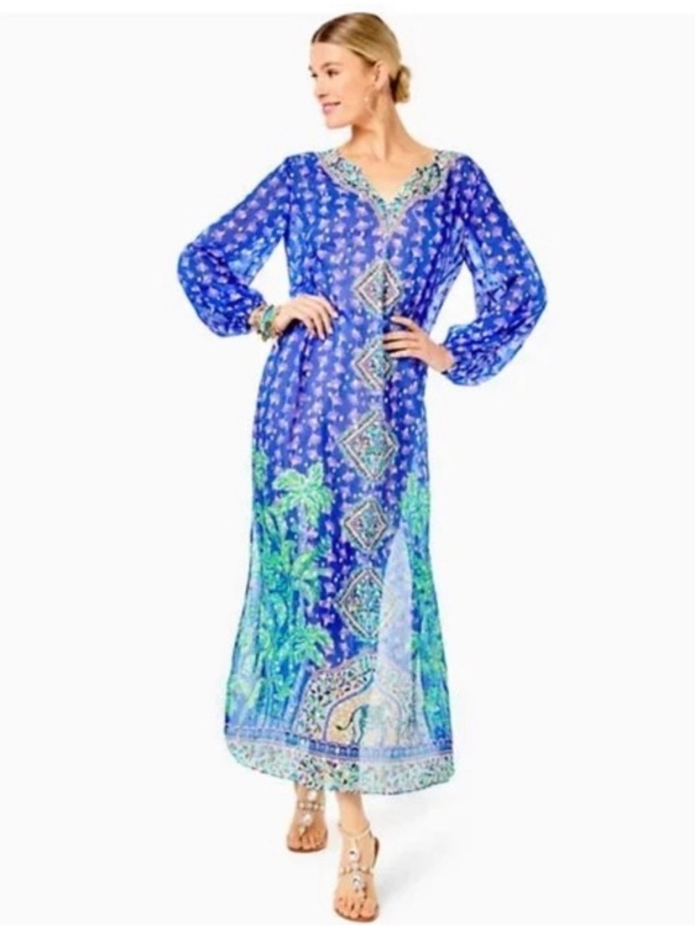 Lilly Pulitzer Jupiter Silk Maxi Caftan blue grotto fan favorite size LARGE / XL